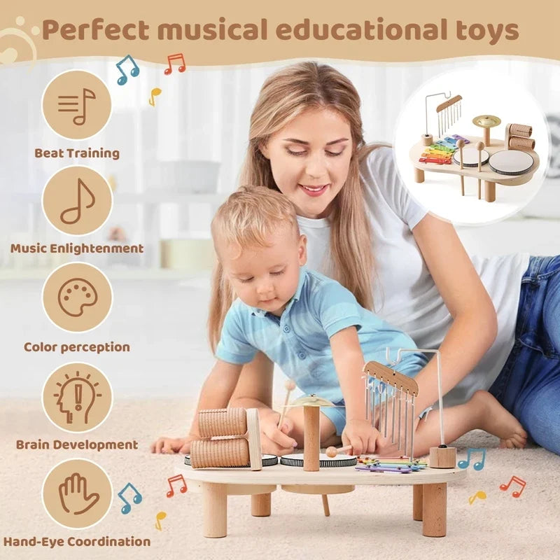 Baby Educational Toys Wooden Xylophone Bells - Montessori Music Table for Newborn Birthday Gifts