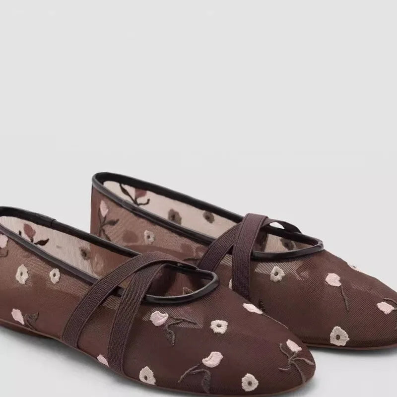 Lightweight Women Ballet Flats - Mary Jane, Embroidered Mesh