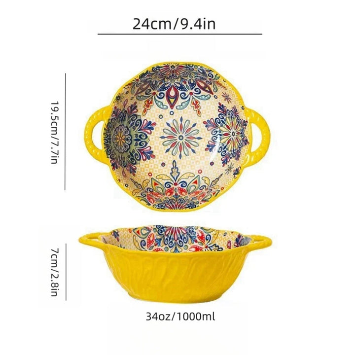 Ceramic Soup Bowl Bohemian Handle Embossed Microwave