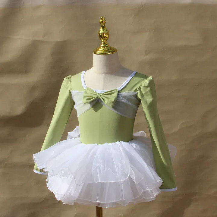 Lightweight girls ballet leotard set - puff-sleeve top, tulle tutu skirt, polyester, for dance class