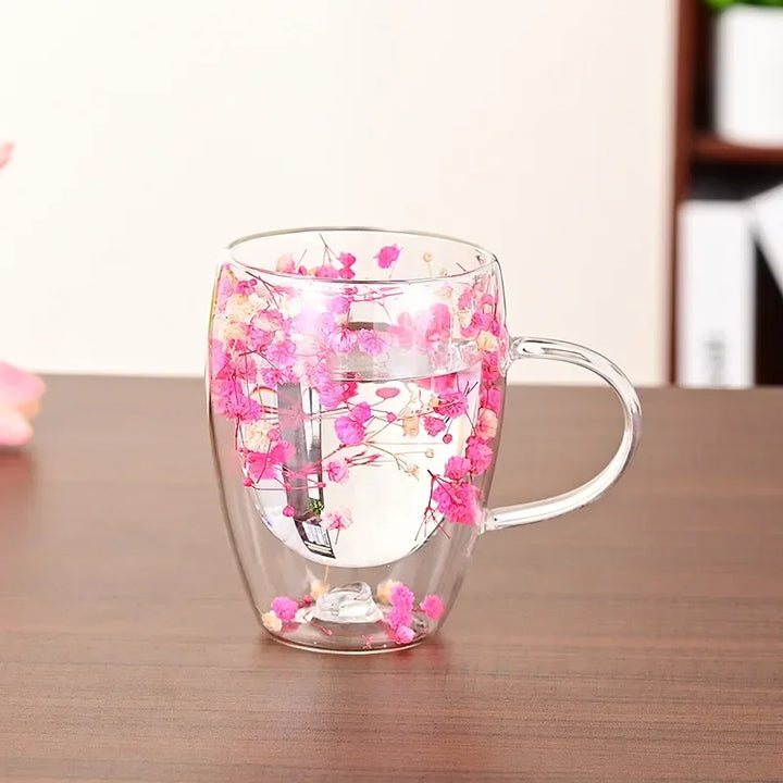 Double Wall Glass Cup with Handle Dried Flower Decorated Ins Style Mug 300ML