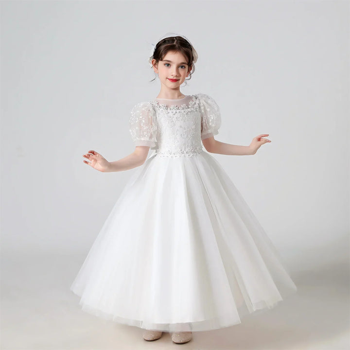 Soft Girls’ Lace-Embroidered Princess Dress - Puff Sleeve, Polyester, For Weddings and Parties