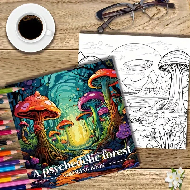 colouring Book 22 Page Psychedelic Forest Stress Relief Activity Gift Fall 2025 Trend