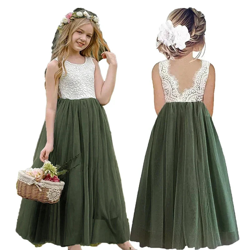 Lightweight Girls’ Flower Girl Dress - Lace Bodice, Flowing Tulle Skirt, Polyester, For Wedding