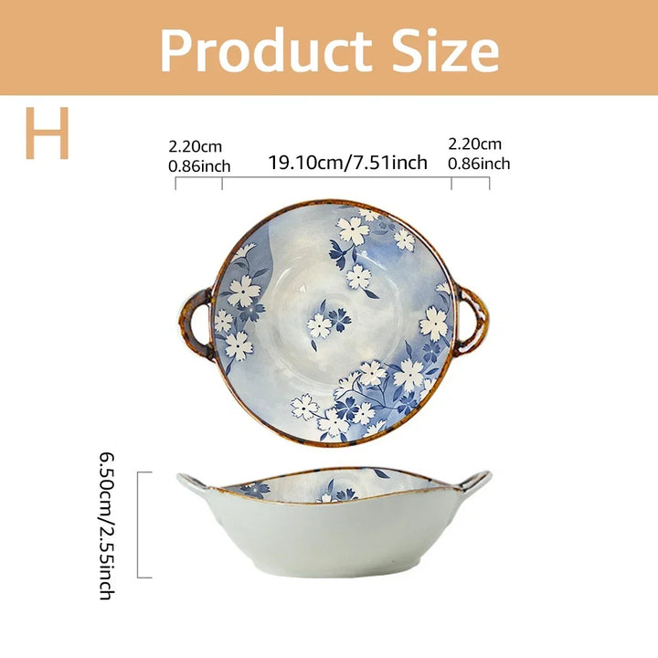 Ceramic 7.5 Inch Noodle Bowl With Handles Floral Porcelain