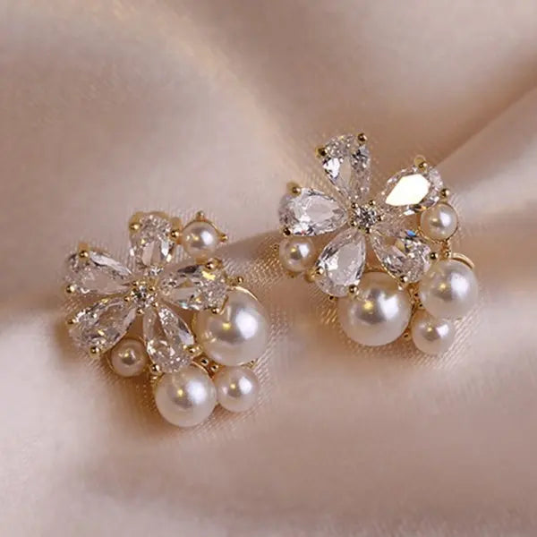 Crystal Flower Earrings Pearl Drop Gold Tone – Korean Style Party Jewelry, Fall 2026 Gift Idea