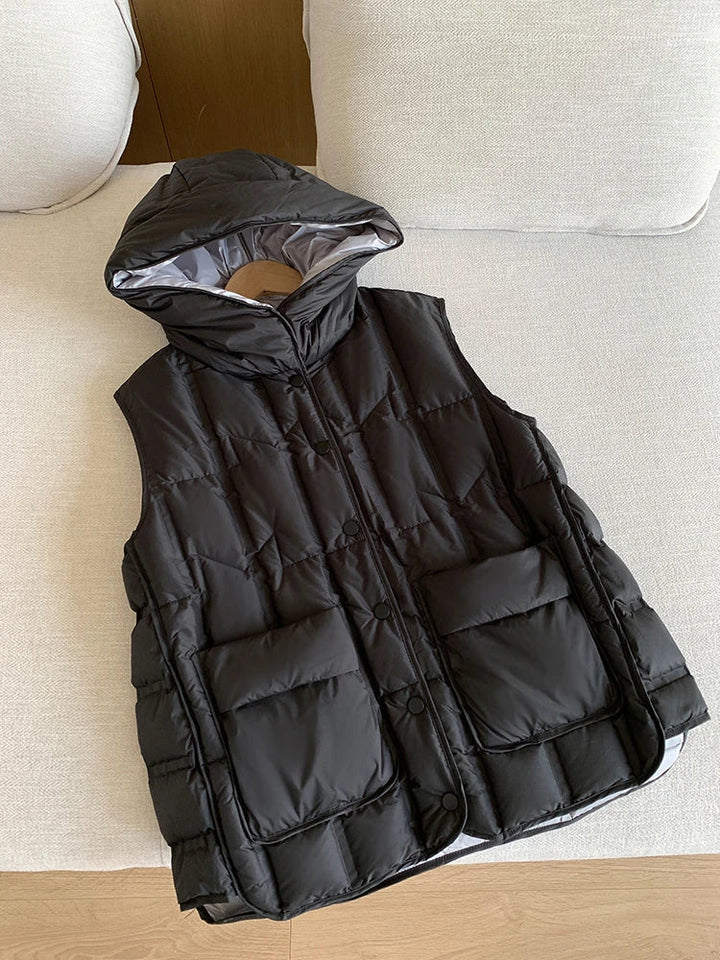 Lightweight Women Hooded Down Vest - Boxy, Down, Autumn