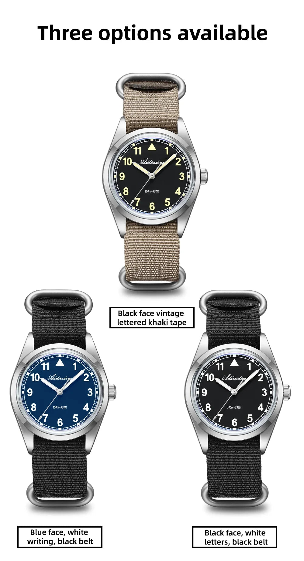 Waterproof Diver Quartz Watch Luminous Hands, Nylon Strap, 100m Water Resistance