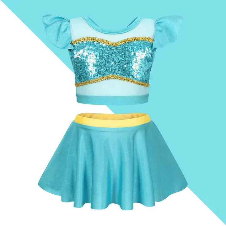 Quick-Dry Girls Two-Piece Swimsuit – Durable Princess Print, Cotton-Poly, For Beach and Pool