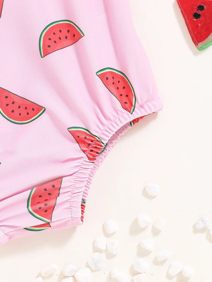 Soft Durable Baby Girls’ Swimsuit – Halter-Neck Watermelon-Print, Polyester, For Summer Beach Days
