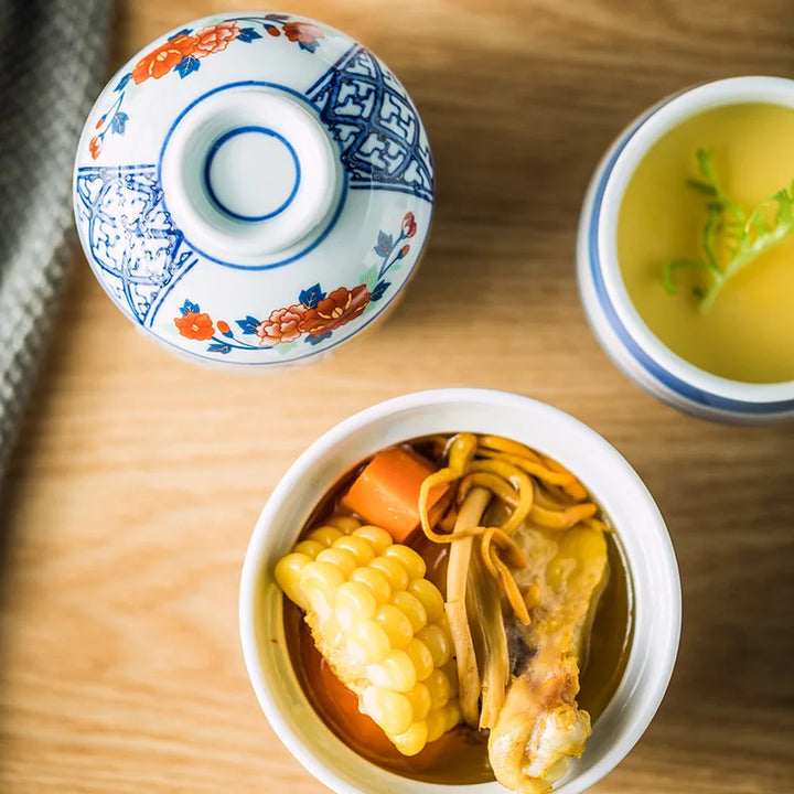Hand Painted Japanese Ceramic Lidded Dessert Bowls Set
