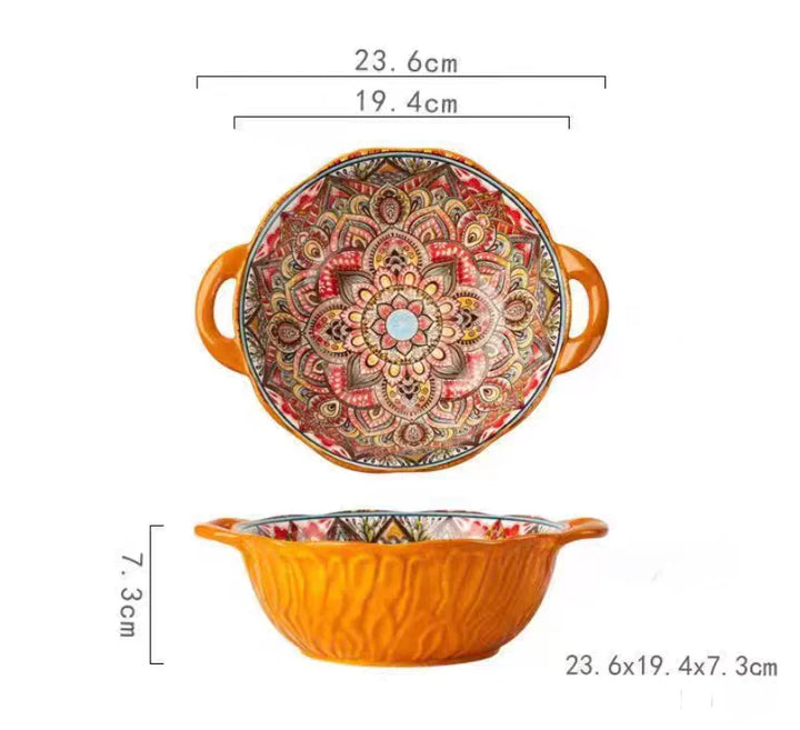 Ceramic Soup Bowl Bohemian Handle Embossed Microwave