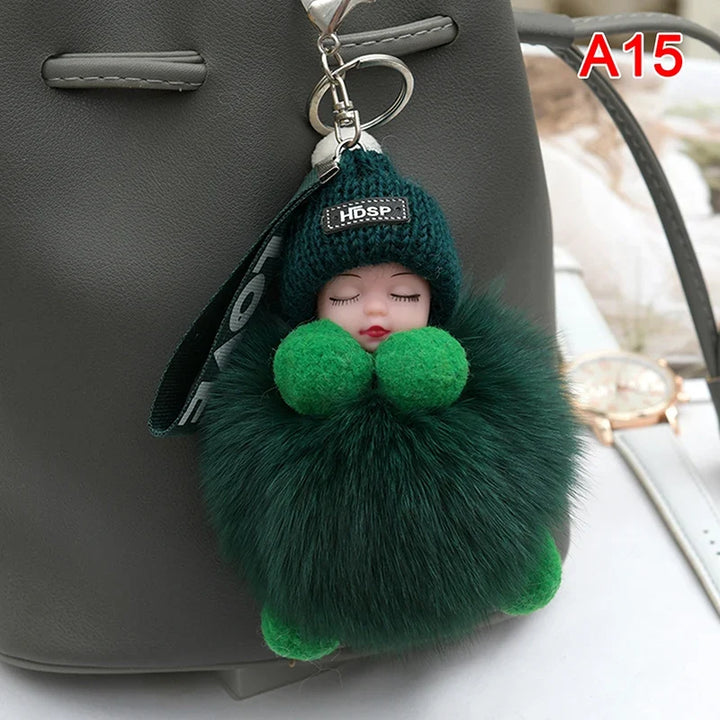 Pompom Sleeping Baby Keychain Plush Bag Charm Cute Gift
