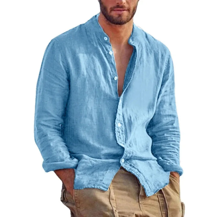 Men’s Cotton Shirt with Mandarin Collar, Lightweight Breathable Casual Summer Shirt in Tailored Fit