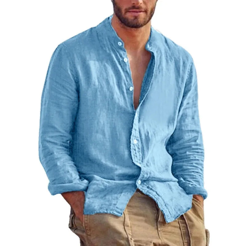 Men’s Cotton Shirt with Mandarin Collar, Lightweight Breathable Casual Summer Shirt in Tailored Fit