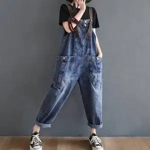 Vintage Big Pocket Suspender Jeans Trousers - Women&