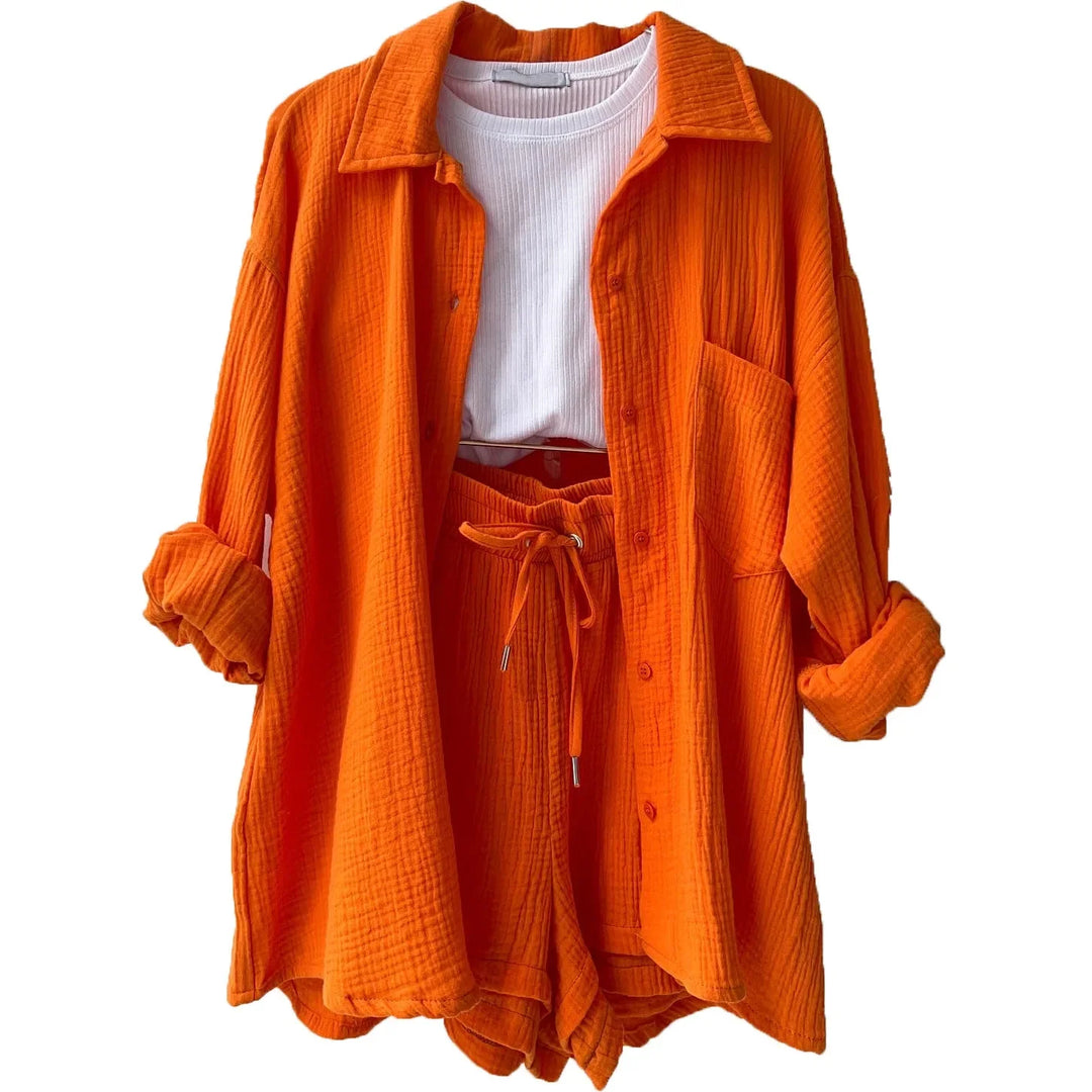Women Two-Piece Set Orange Wrinkled Lapel Shirt &amp; High-Waisted Shorts Fashion Suit