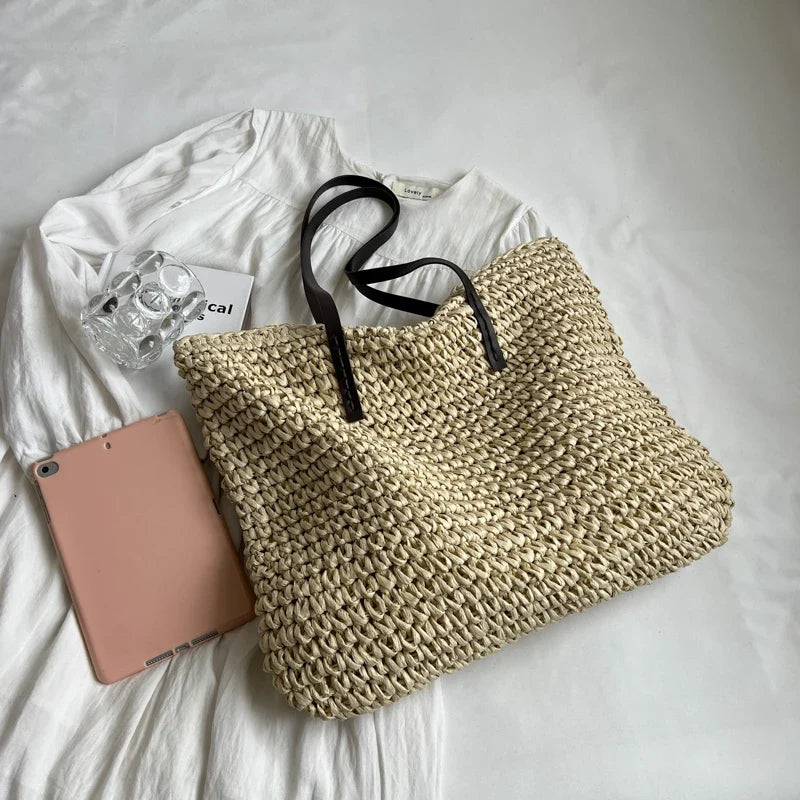 Straw Tote Bag Woven Beach Shoulder Bag Summer 2026 Large Capacity Carryall For Travel And Daily Use