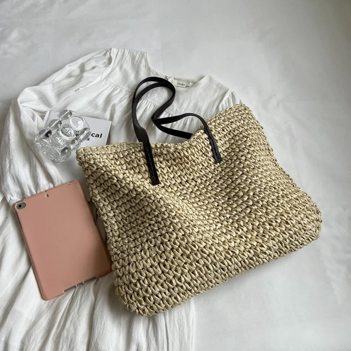 Straw Tote Bag Woven Beach Shoulder Bag Summer 2026 Large Capacity Carryall For Travel And Daily Use