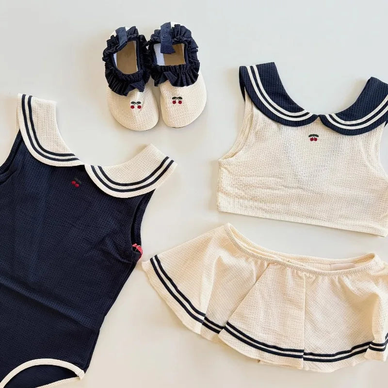Soft Unisex Baby Swimwear Set - Classic Sailor-Style One-Piece, Top, Skirt, and Romper, Nylon, Summer Beach Days