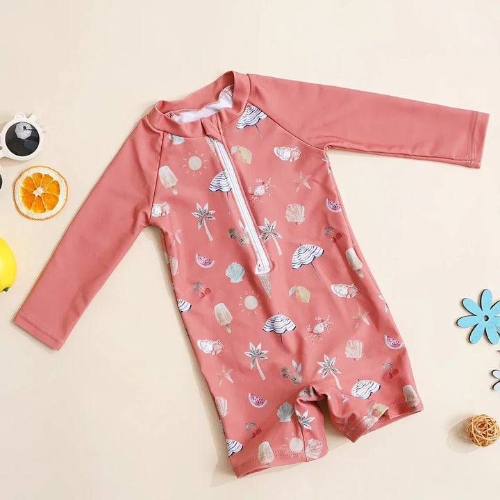 Soft Unisex Baby One-Piece Swimsuit - Zip-Front, Long-Sleeve, Print Pattern, Polyester, Summer Beachwear