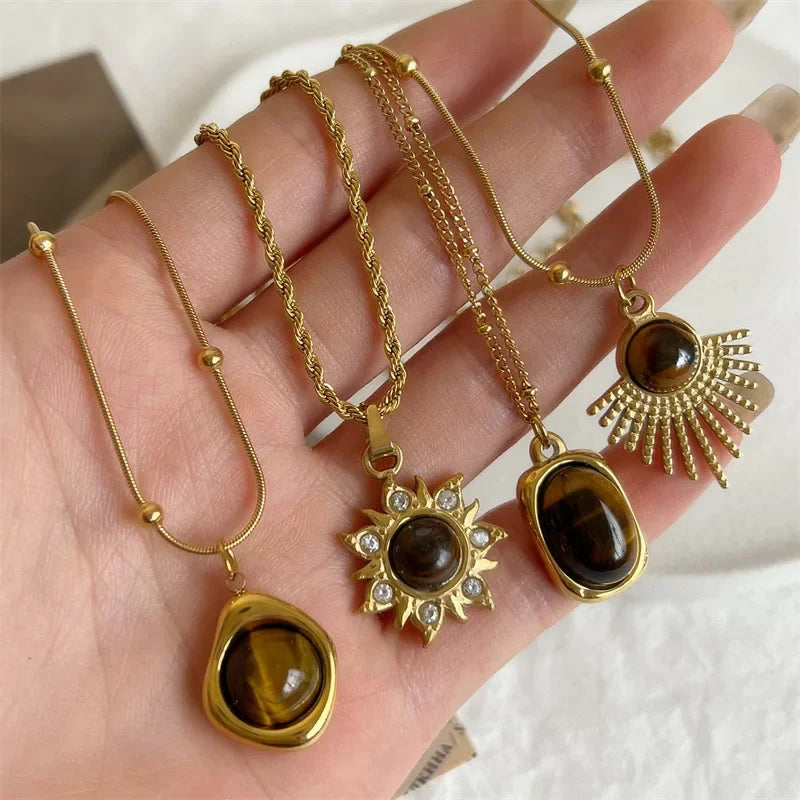 Layered Gold Tone Necklace Set With Resin Stone Pendants Boho Statement Jewelry Gift Idea Fall 2026