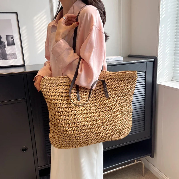 Straw Tote Bag Woven Beach Shoulder Bag Summer 2026 Large Capacity Carryall For Travel And Daily Use