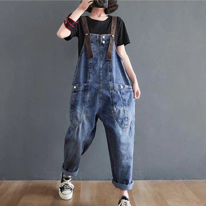 Vintage Big Pocket Suspender Jeans Trousers - Women&