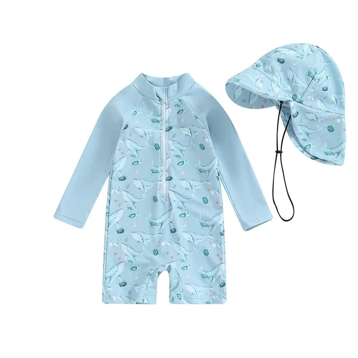 Quick-Dry Baby Rash Guard Swimsuit Set With Sun Hat - Long Sleeve, Polyester, For Beach And Sun Protection