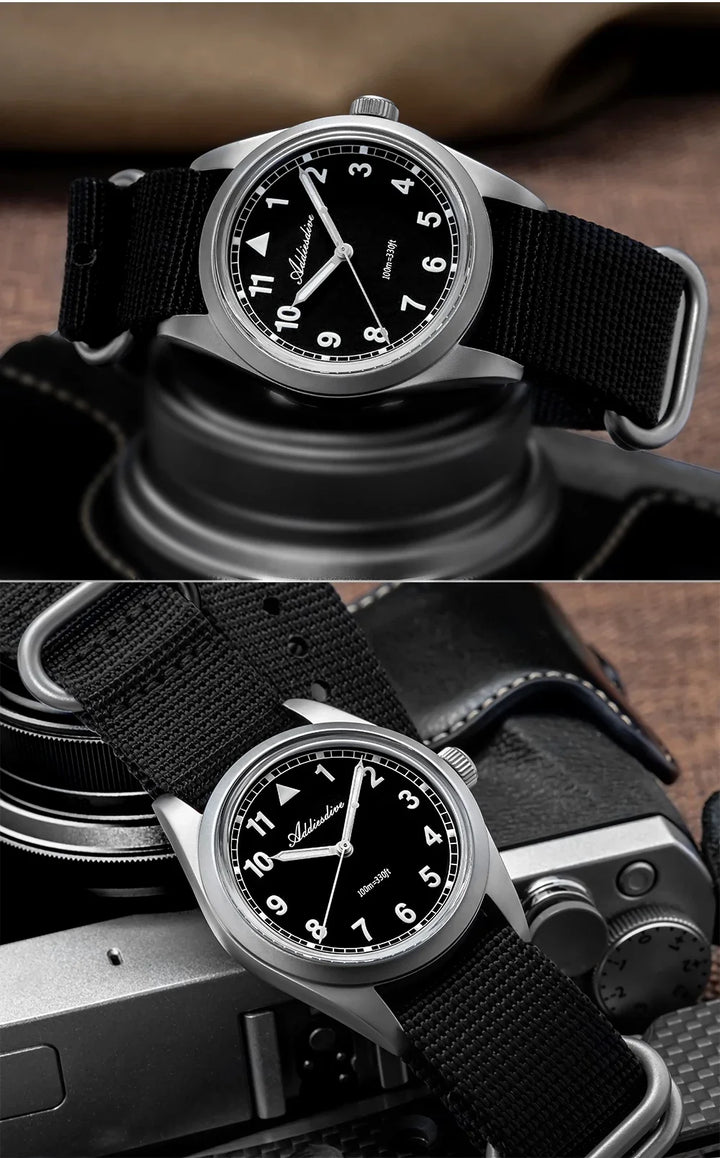 Waterproof Diver Quartz Watch Luminous Hands, Nylon Strap, 100m Water Resistance