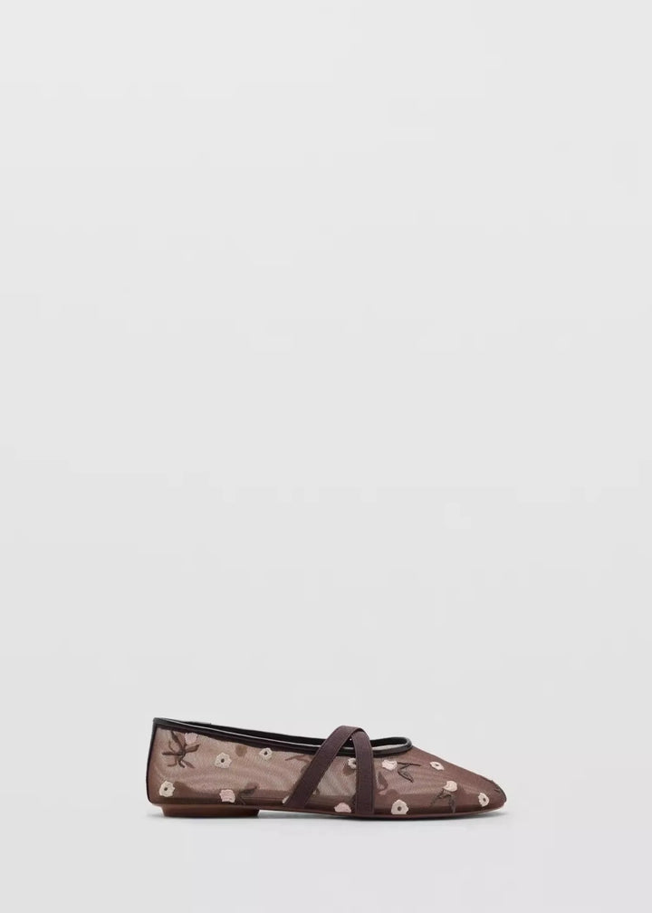 Lightweight Women Ballet Flats - Mary Jane, Embroidered Mesh