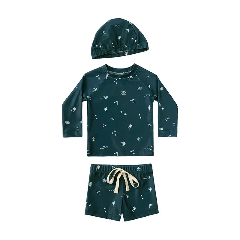 Breathable Kids Rash Guard Swim Set – Long-Sleeve Top, Swim Trousers, Hat, Polyester Elastane, Beach Vacation