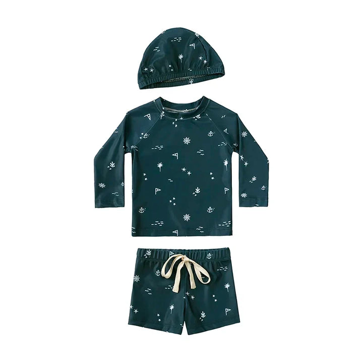 Breathable Kids Rash Guard Swim Set – Long-Sleeve Top, Swim Trousers, Hat, Polyester Elastane, Beach Vacation