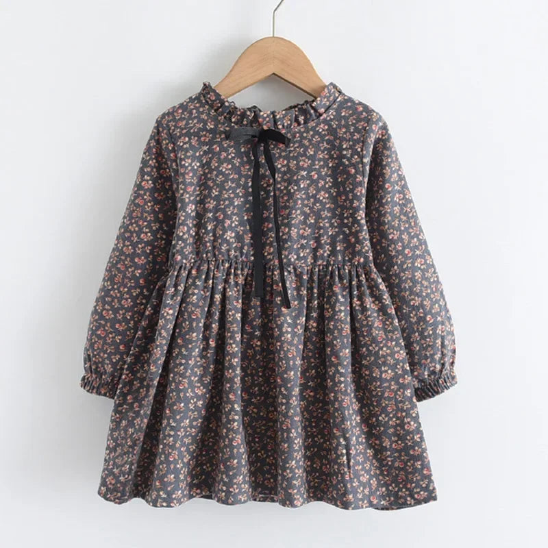 Soft Girls Dress – Long Sleeve Knee-Length, Floral Print, Cotton, Casual Autumn Wear