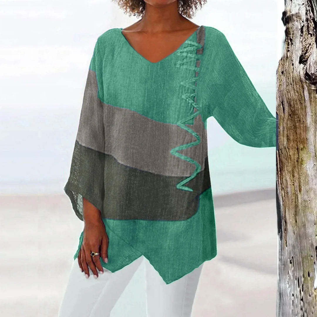 T Shirt Women New Fashion Casual V-Neck Long Sleeve Patchwork Top
