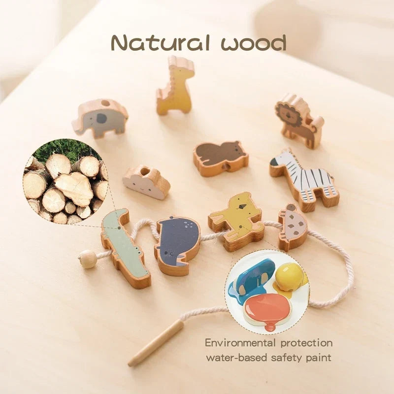Wooden Stacking Toy Set for Babies and Toddlers, Montessori Animal Threading Toy, Educational Fine Motor Skills Development