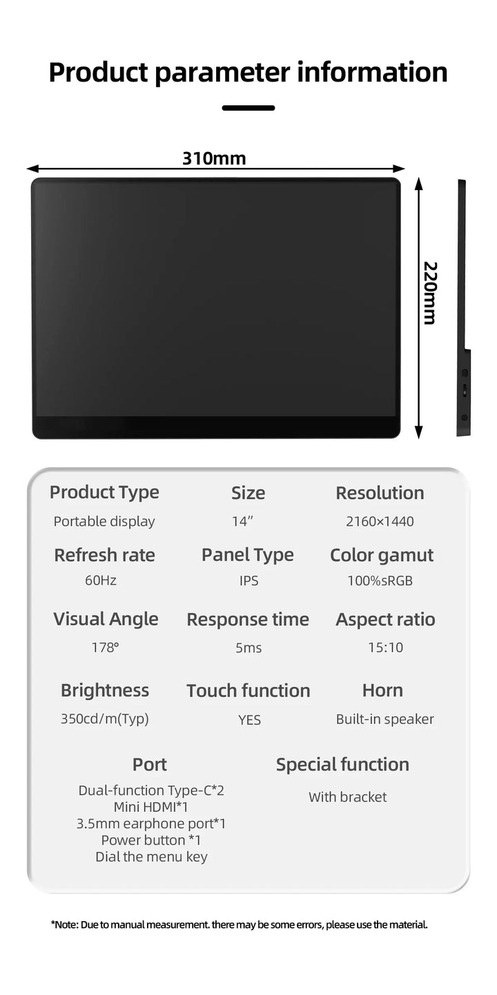 2K Portable Monitor 14 Inch Touch HDR 60Hz Gaming Display