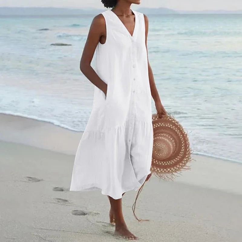 Summer Loose Casual Patchwork Cotton Linen Dress - V Neck Beach Style Midi for Women