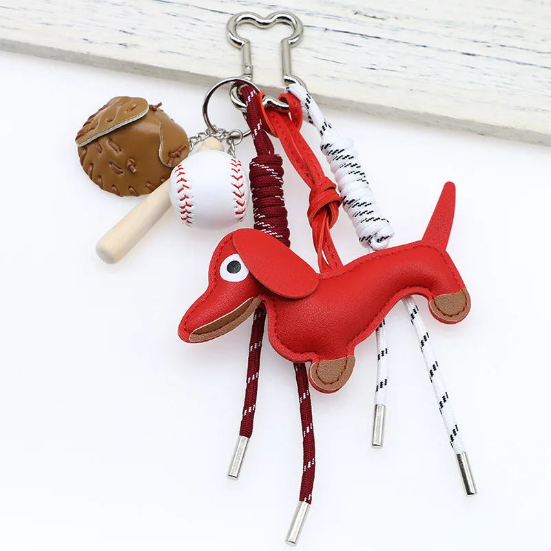 Dachshund Pu Leather Bag Charm Baseball Keychain Gift