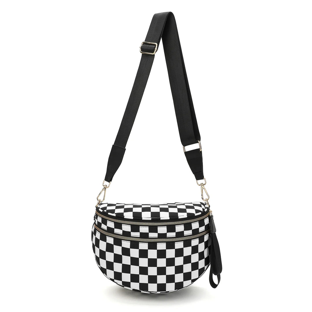 Versatile unisex crossbody bum bag – checkered nylon, box shape, travel and daily use