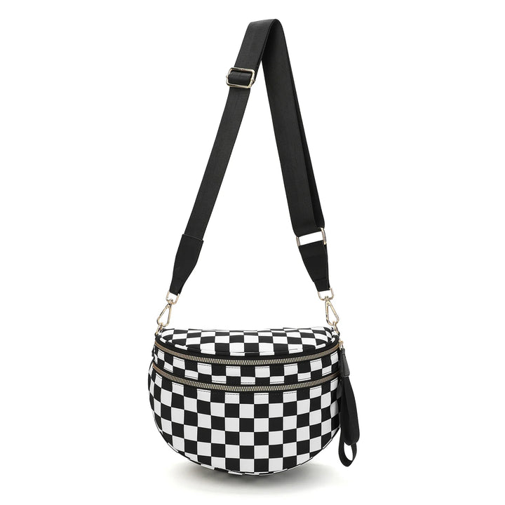 Versatile unisex crossbody bum bag – checkered nylon, box shape, travel and daily use