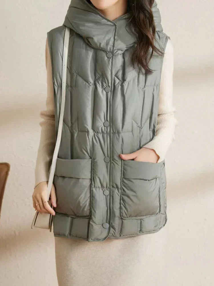 Lightweight Women Hooded Down Vest - Boxy, Down, Autumn