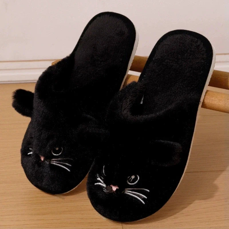 Warm Cozy Women’s Slippers - Cat-face Plush Design, Short Plush Lining, Indoor Use