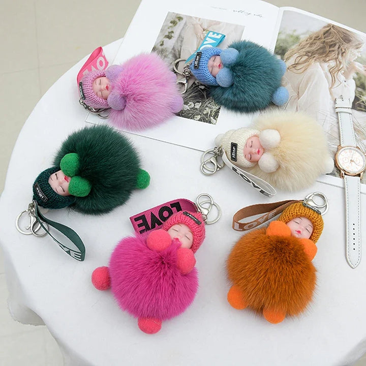 Pompom Sleeping Baby Keychain Plush Bag Charm Cute Gift
