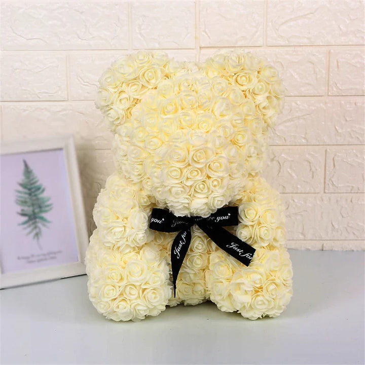 Faux Rose Teddy Bear with Gift Box and Lights - Romantic Anniversary or Valentine&