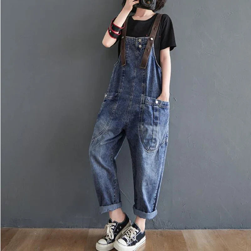 Vintage Big Pocket Suspender Jeans Trousers - Women&