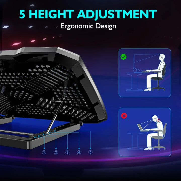 Laptop Cooling Pad with 5 Quiet Fans, Adjustable Height &amp; Phone Holder - Compatible with 12-15.6 Inch Laptops