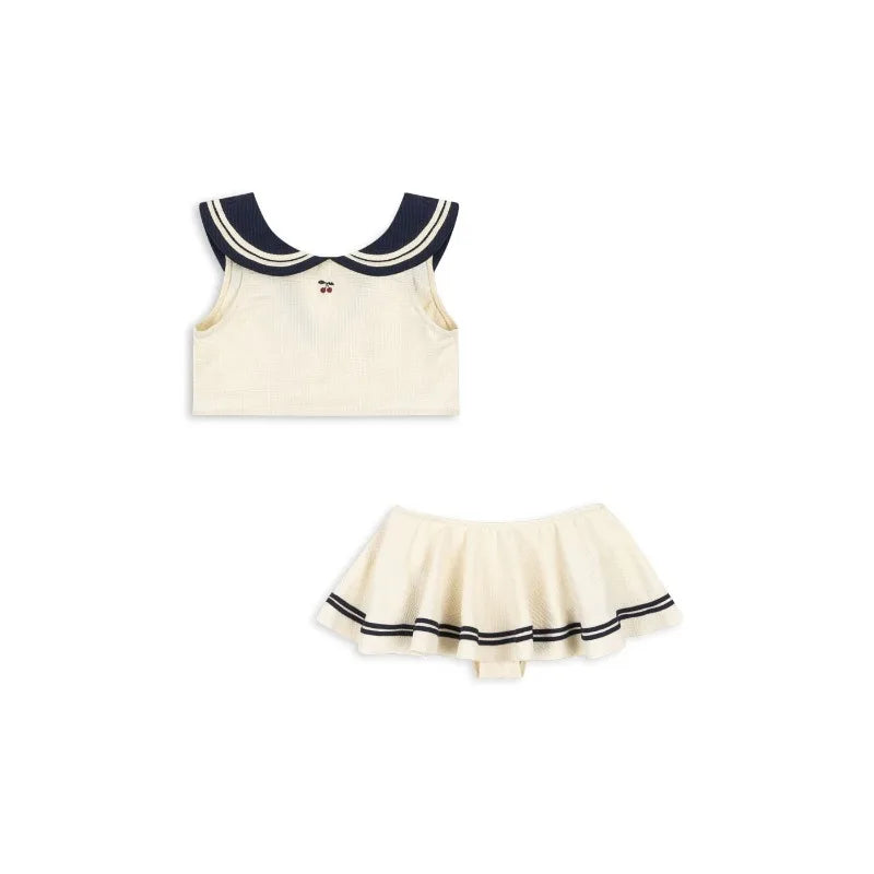Soft Unisex Baby Swimwear Set - Classic Sailor-Style One-Piece, Top, Skirt, and Romper, Nylon, Summer Beach Days