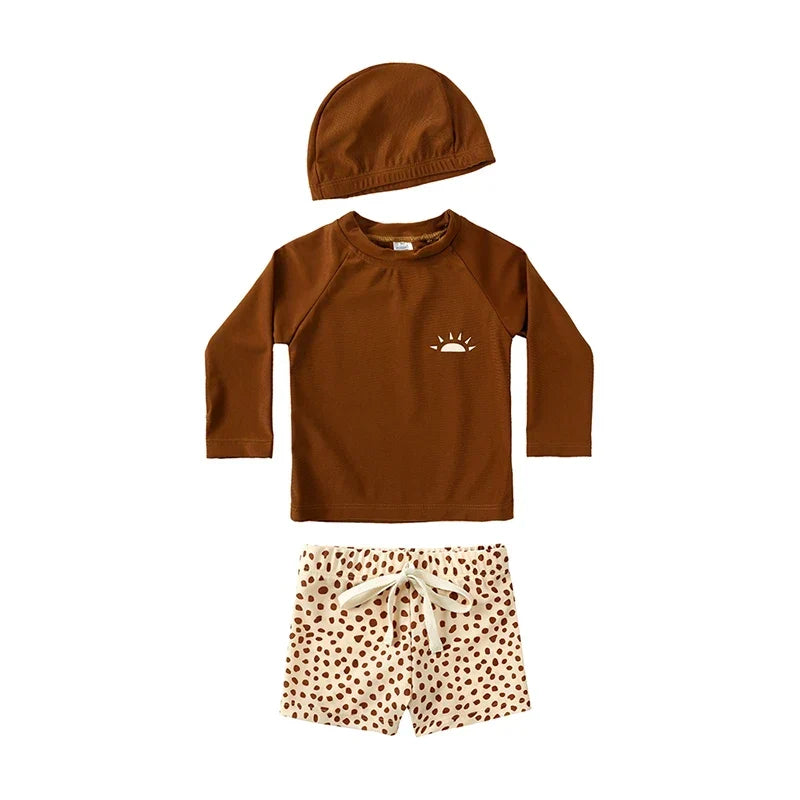 Quick-dry Unisex Baby Swimwear 2-Piece Set – Long-Sleeve Rash Guard Top, Shorts, Polyester, Summer Beachwear