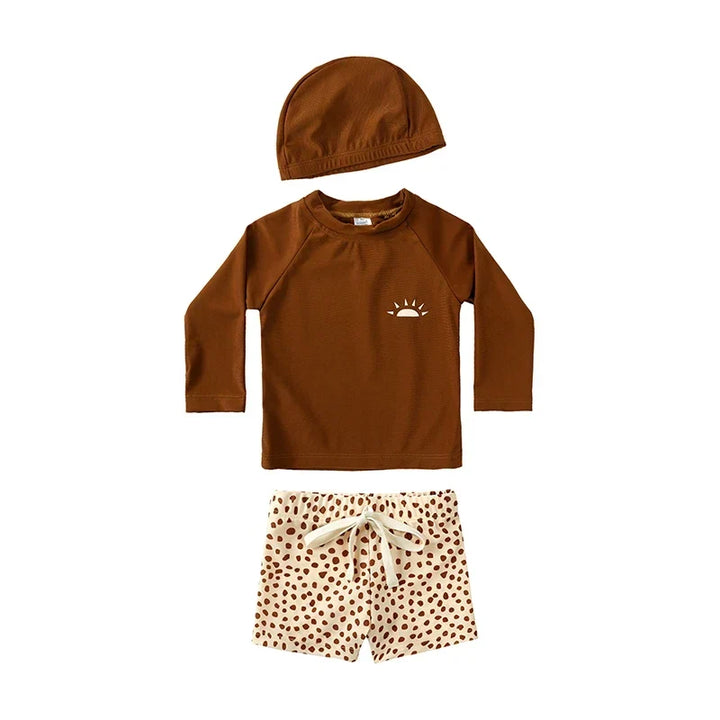 Quick-dry Unisex Baby Swimwear 2-Piece Set – Long-Sleeve Rash Guard Top, Shorts, Polyester, Summer Beachwear